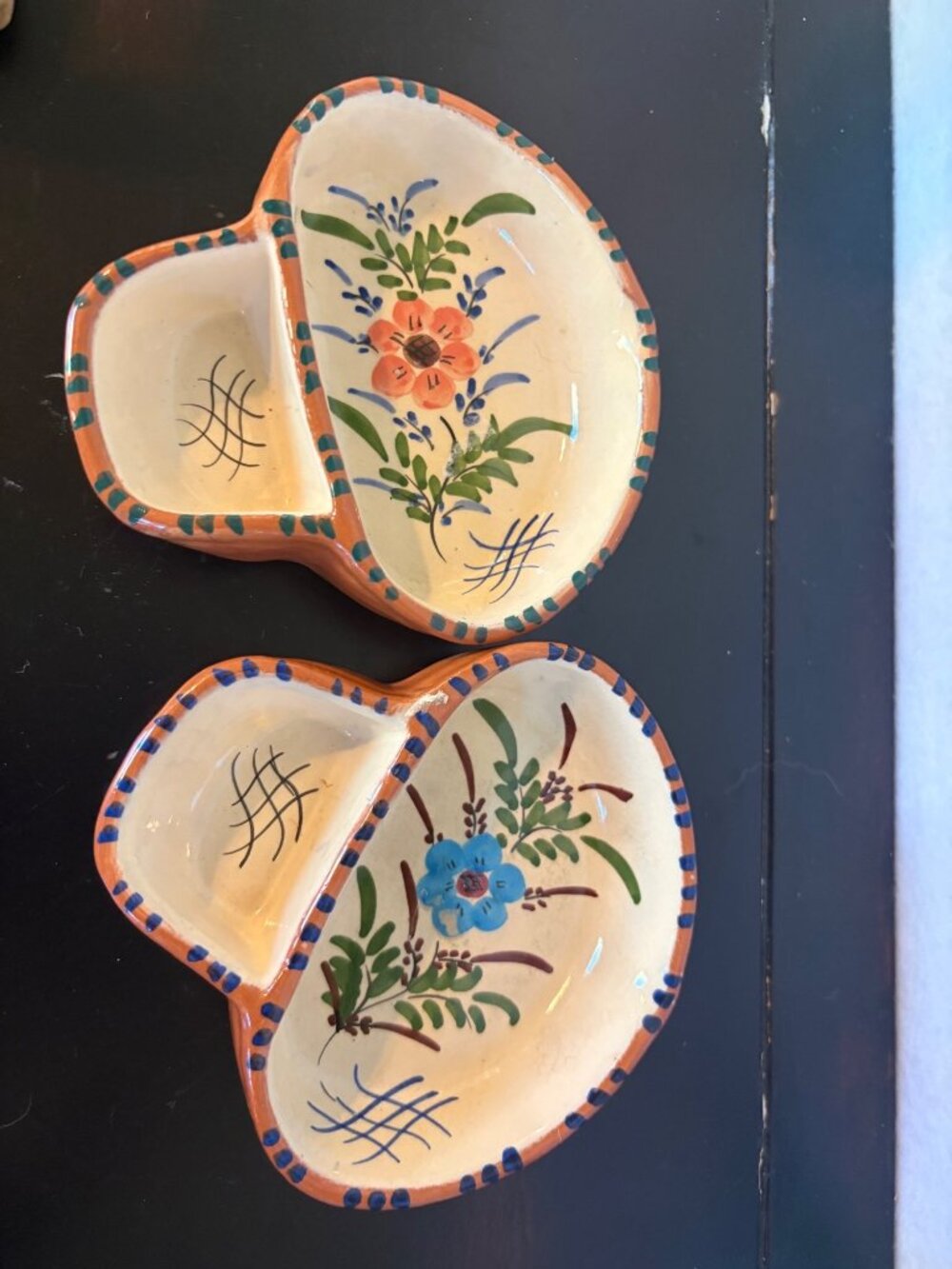 Hand-Painted Portuguese Ceramic Divided Dishes Floral Design Set Of 2 6.5" Lengt